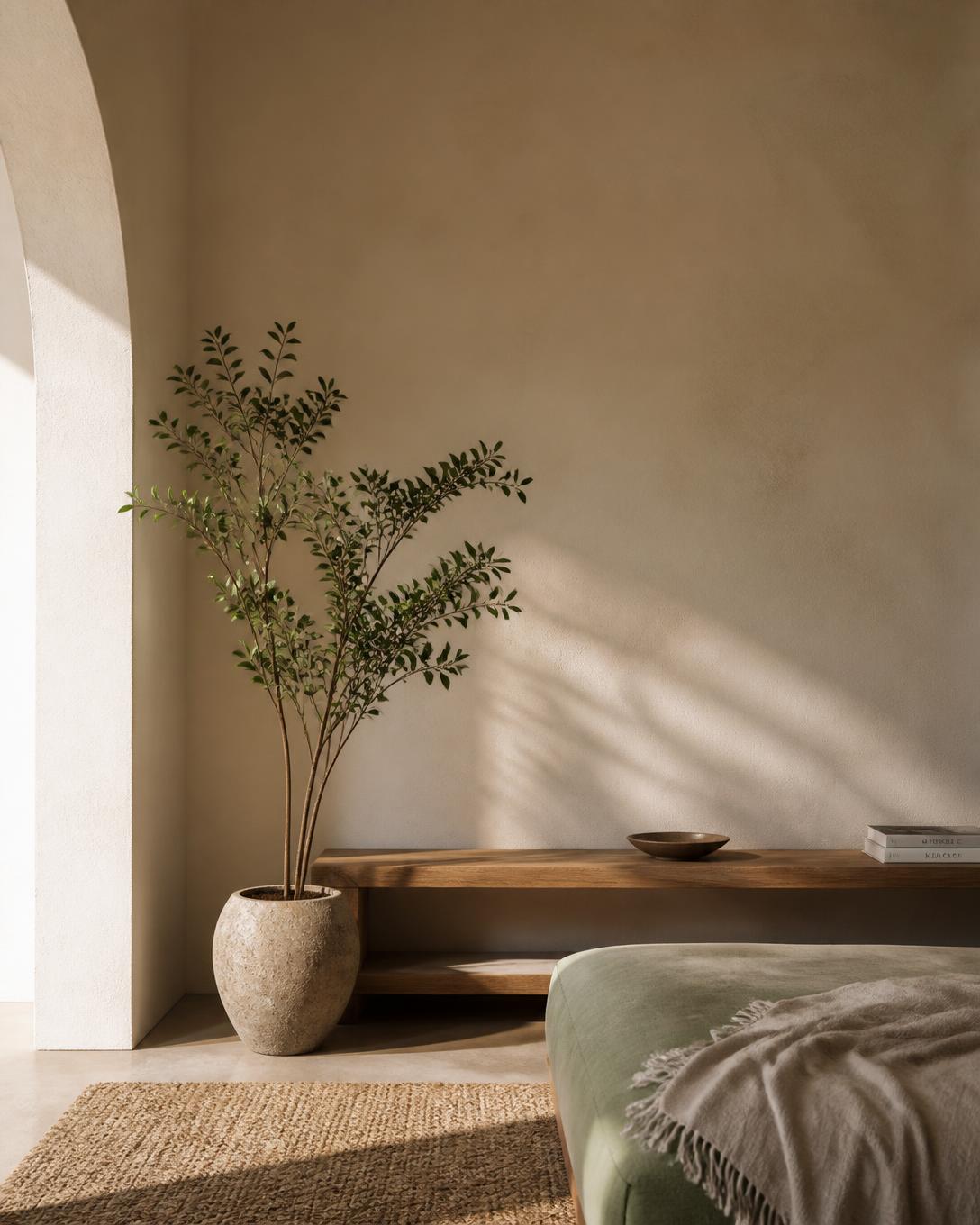 A serene, sunlit coaching space with warm natural tones and calming greenery